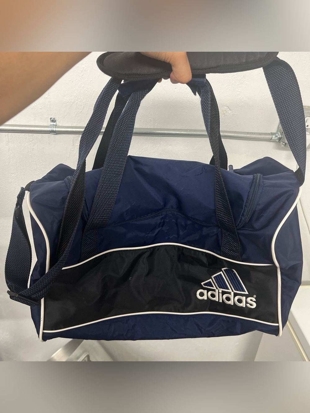 Y2K Adidas Duffle Bag Blue Black Embroidered Lightweight Streetwear Soccer 00s